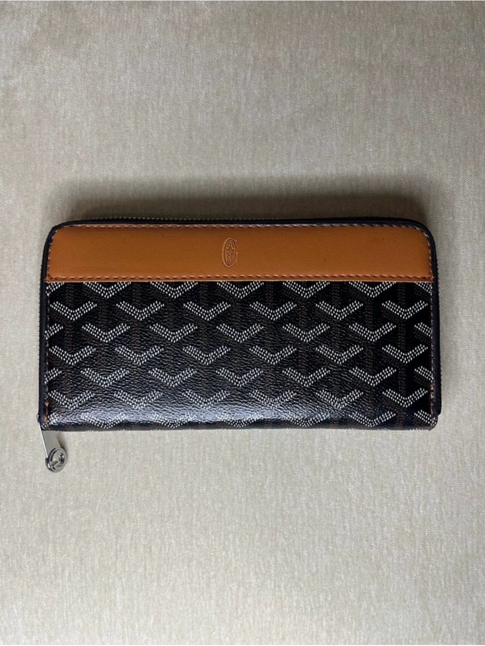 Goyard Black Chevron Zip-Around Wallet with Tan Leather Trim